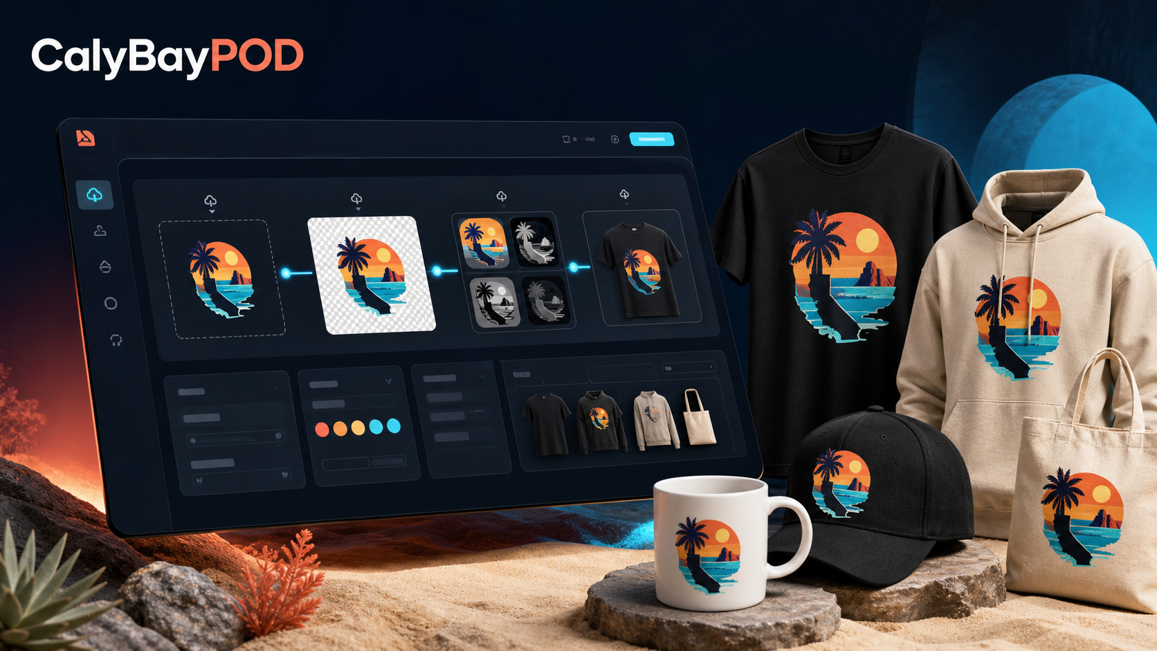 CalyBayPOD dashboard transforming one design into finished apparel and merchandise
