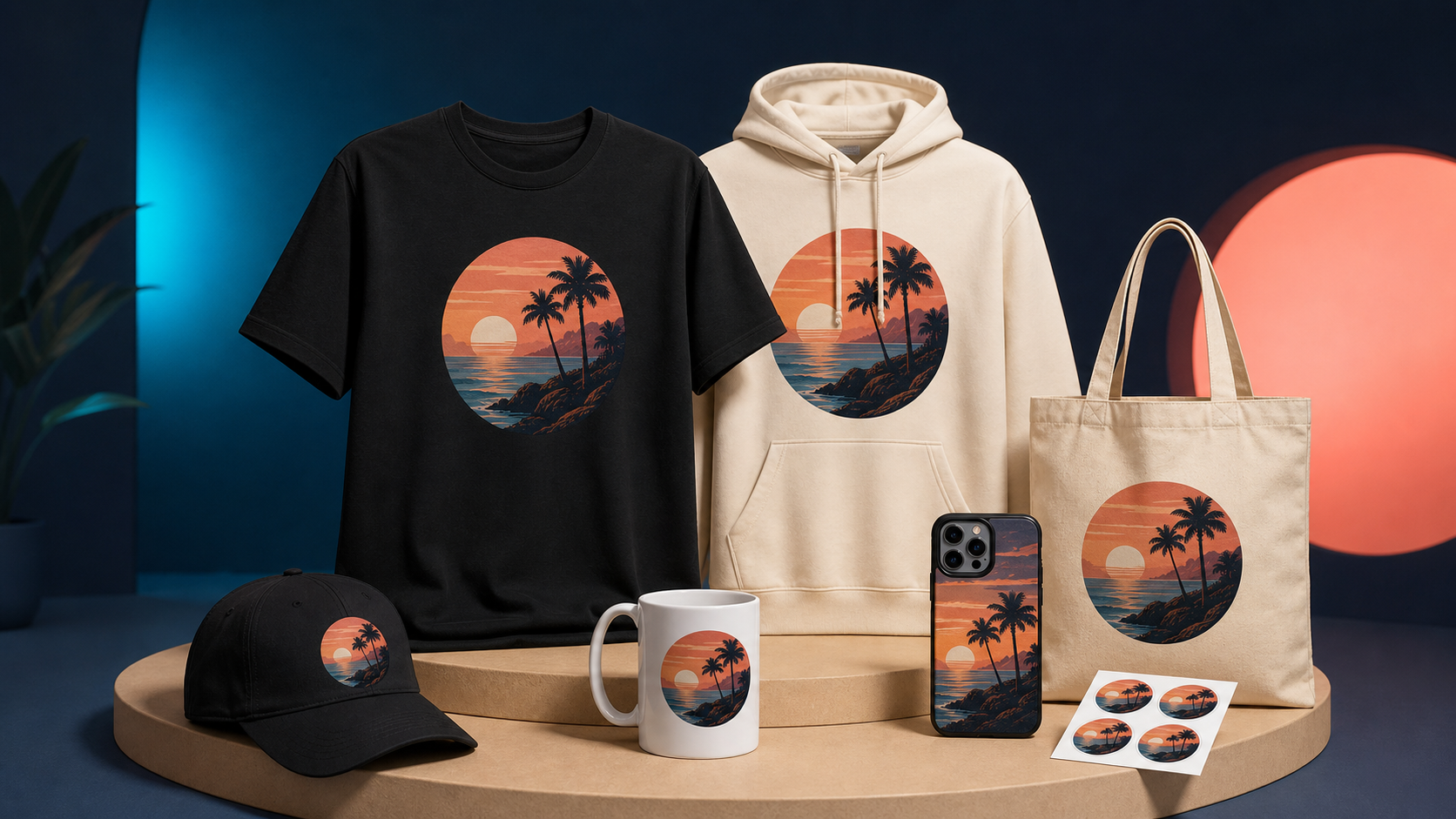Examples of a coordinated T-shirt, hoodie, hat, mug, tote bag, phone case, and sticker collection